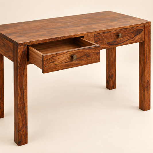 Sheesham Wood Study Table with Round Knobs showing open drawer and classic round-knob detail