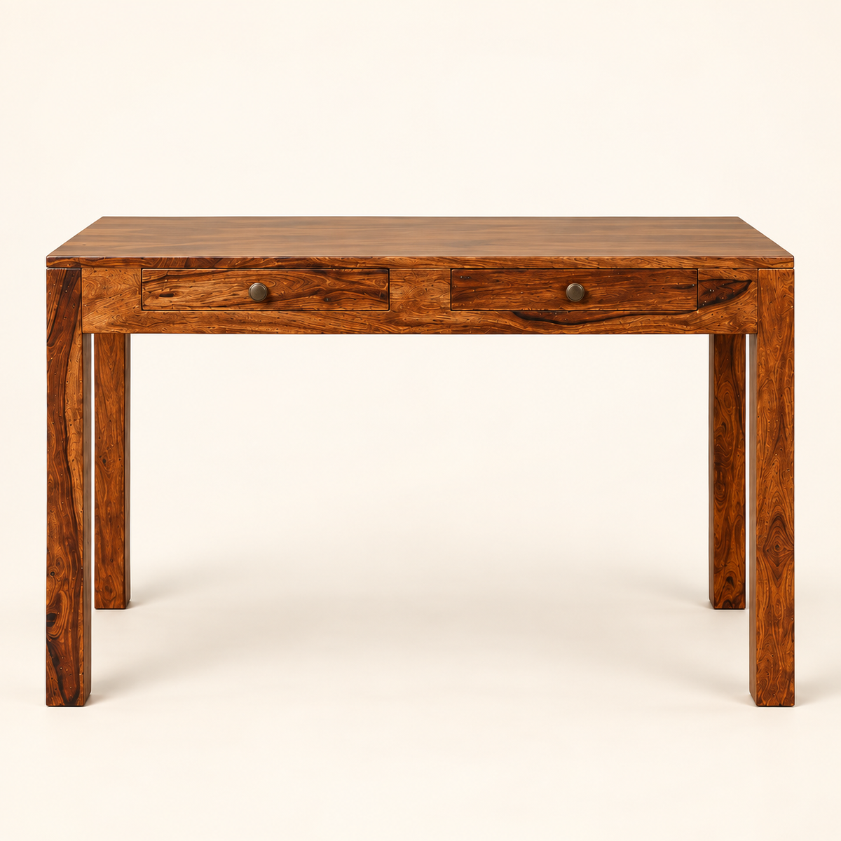 Sheesham Wood Study Table with Round Knobs in walnut finish, front studio view