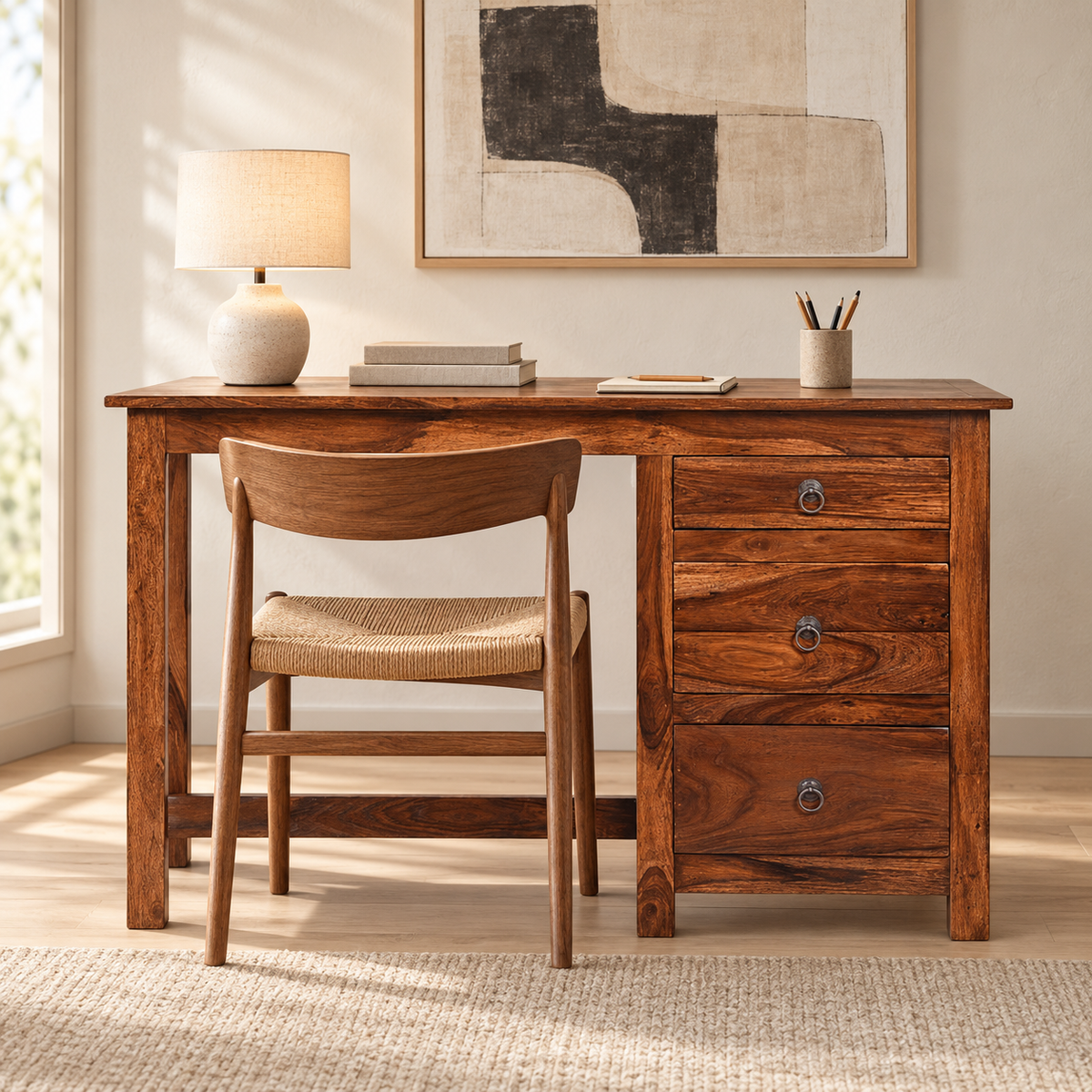 Sheesham Wood Study Table with Three Drawers in a styled home workspace