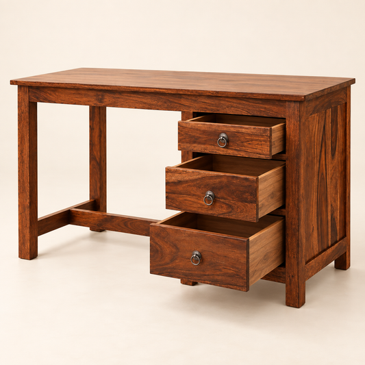 Sheesham Wood Study Table with Three Drawers showing three open box-storage drawers