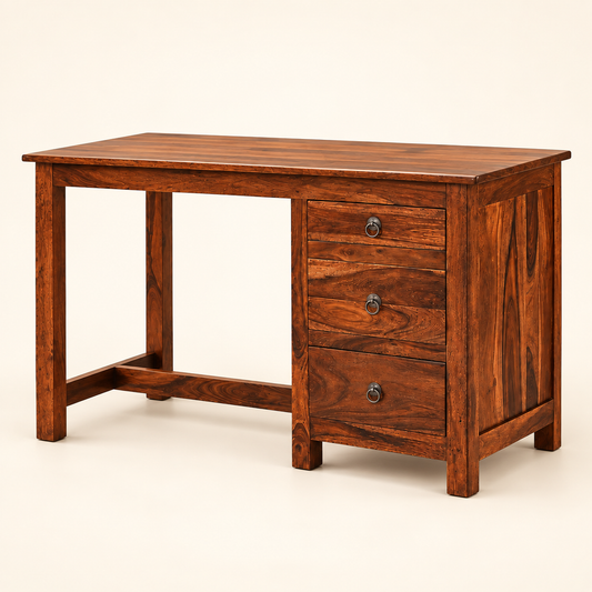 Sheesham Wood Study Table with Three Drawers in walnut finish, front studio view