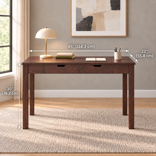 Sheesham Wood Two Drawer Study Table dimensions: 45″ W × 22″ D × 30″ H (114.3 × 55.8 × 76.2 cm)