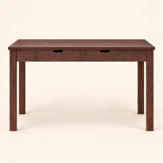 Sheesham Wood Two Drawer Study Table in walnut finish, front studio view