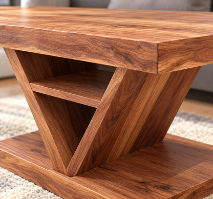 Close-up of Sheesham wood grain and honey finish coffee table