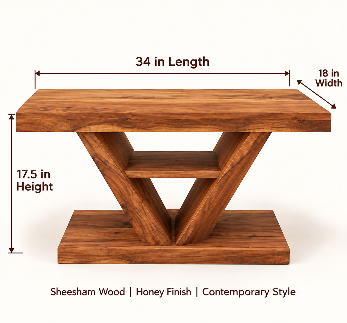Sheesham wood coffee table dimensions 34 L by 18 W by 17.5 H inches