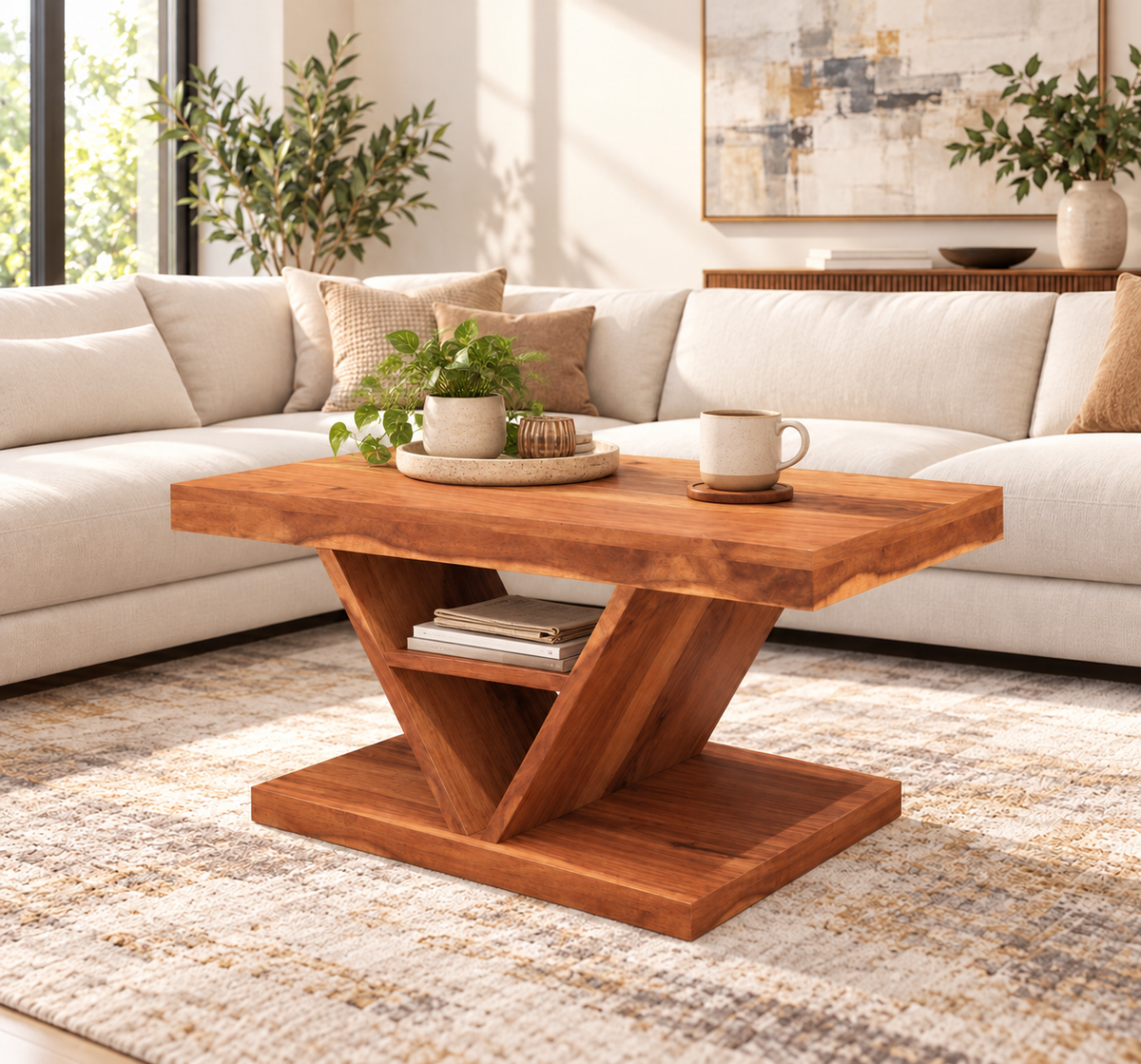 Sheesham wood V-base coffee table in a contemporary living room