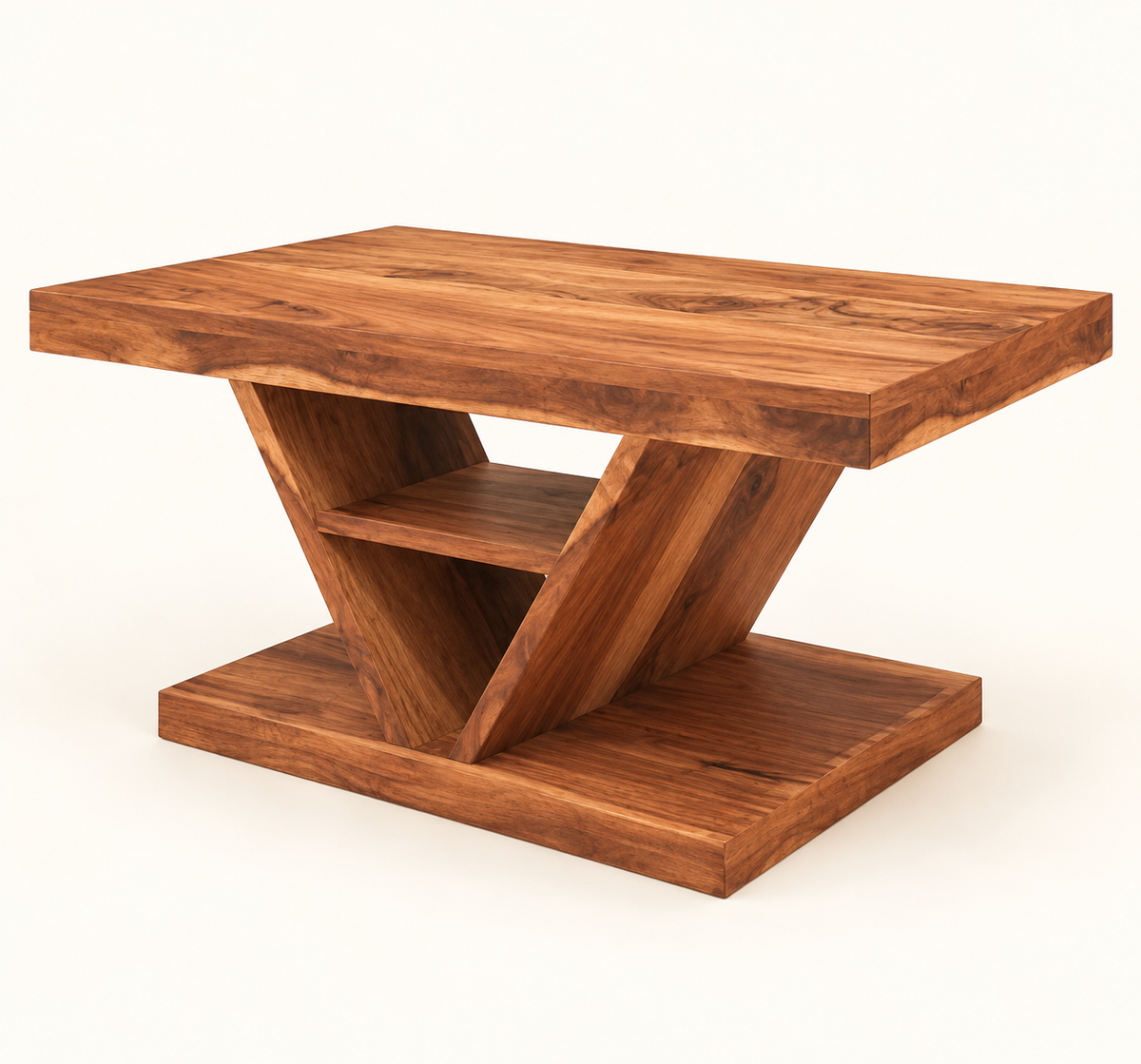 Side studio view of contemporary V-base wooden coffee table
