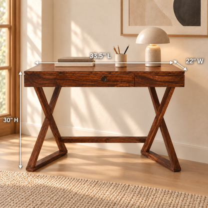 Sheesham Wood X-Leg Study Table dimensions: 33.5″ W × 22″ D × 30″ H (approx. 85 × 56 × 76 cm)
