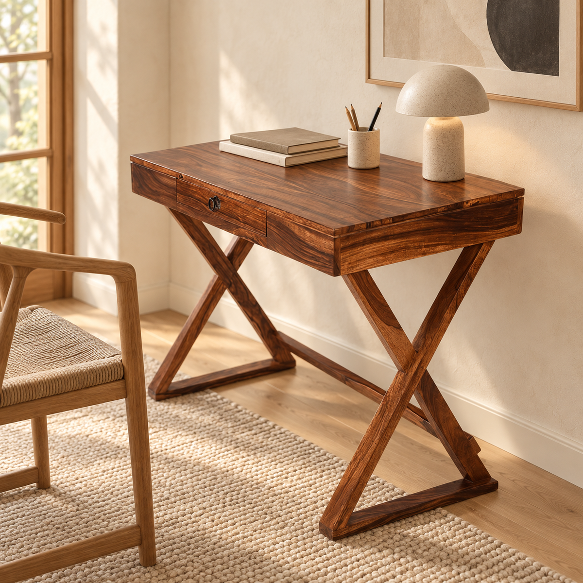 Sheesham Wood X-Leg Study Table in a styled home workspace