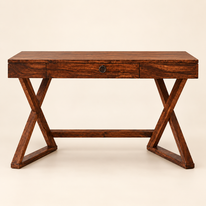 Sheesham Wood X-Leg Study Table in walnut finish, front studio view