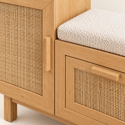 Close-up of natural cane panels and rubber wood finish
