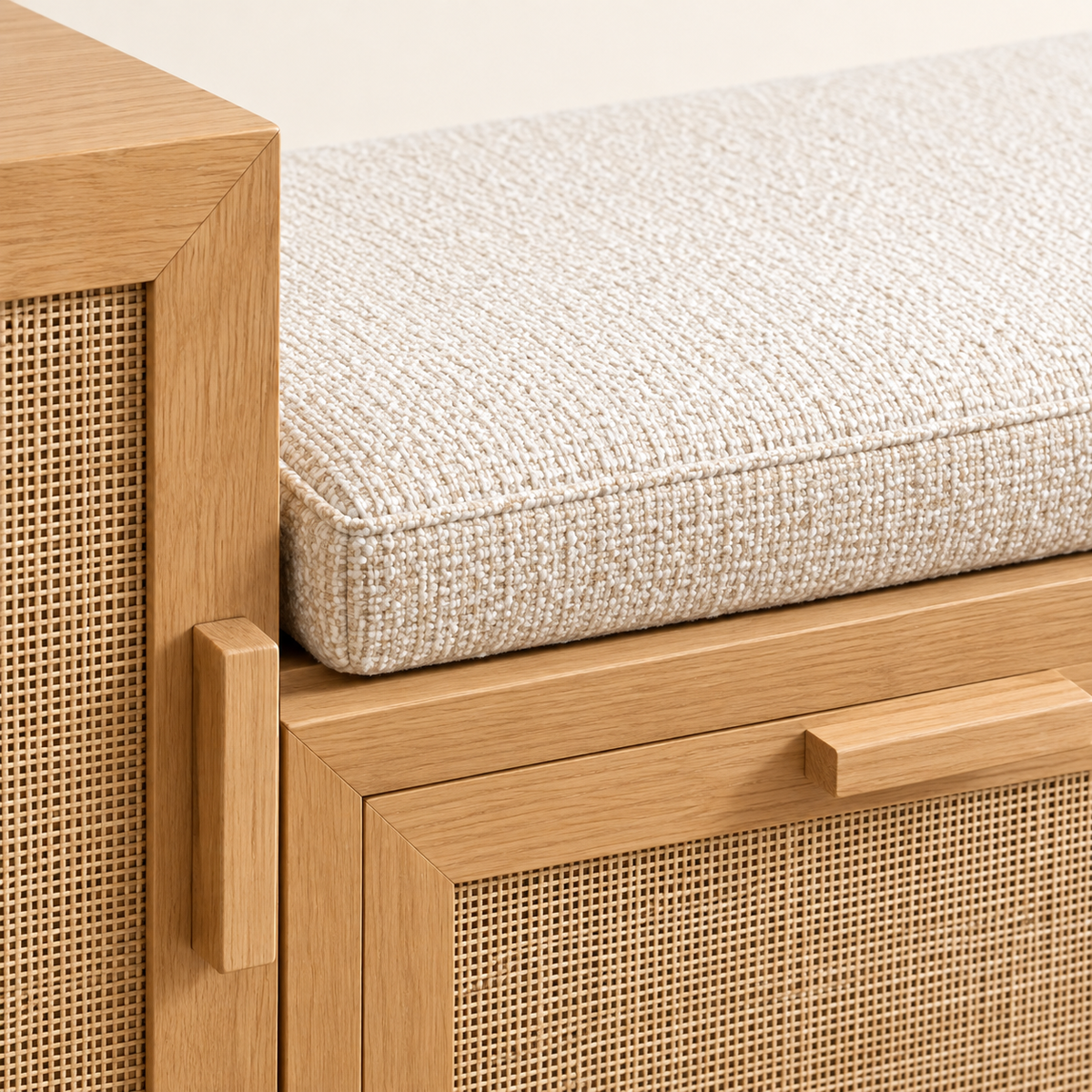 Removable cream jute cushion on wooden shoe rack