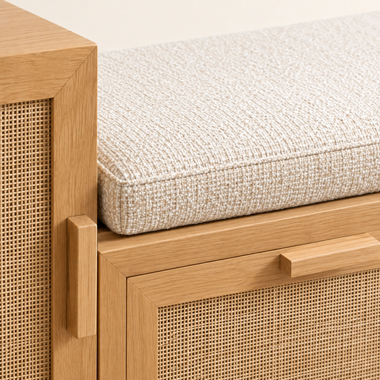 Removable cream jute cushion on wooden shoe rack