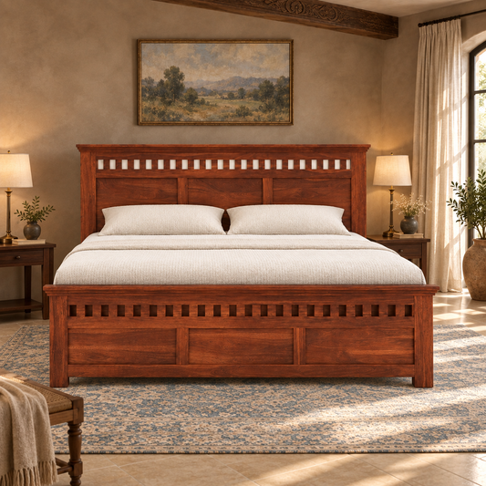 Slatted Headboard Storage Bed in a bedroom, front view