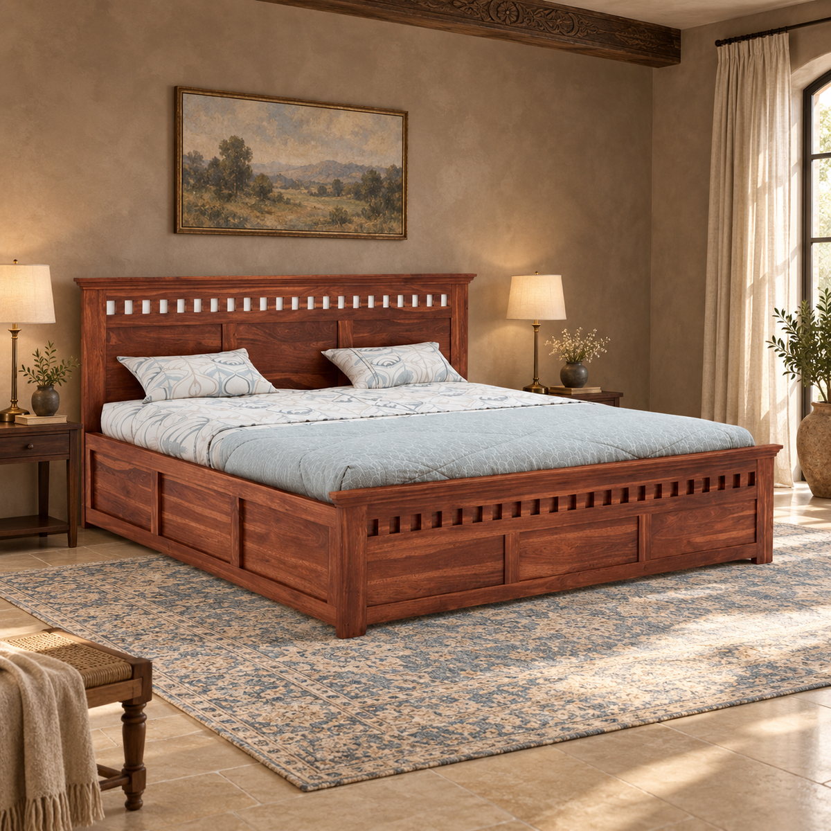 Slatted Headboard Storage Bed in a bedroom, side view