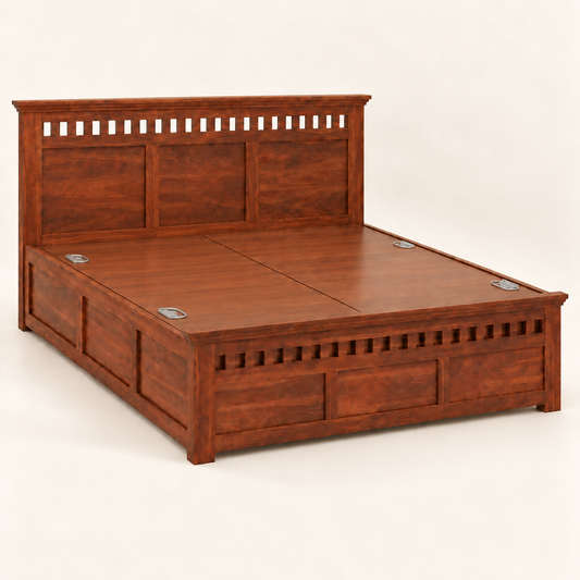 A wooden bed frame with a tall headboard and storage drawers underneath, shown on a plain light background. The wood has a warm reddish-brown finish with visible grain.