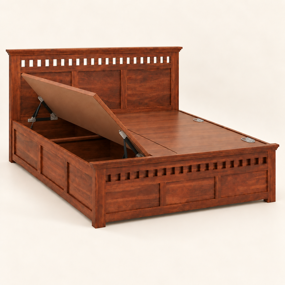 A reddish-brown wooden storage bed with a lift-up headboard and matching storage compartment, shown on a plain light beige studio background.