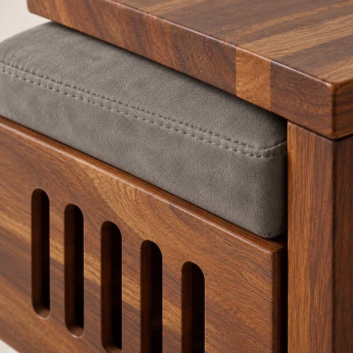 Slotted Centre Table with Four Grey Stools – wood and seat detail close-up