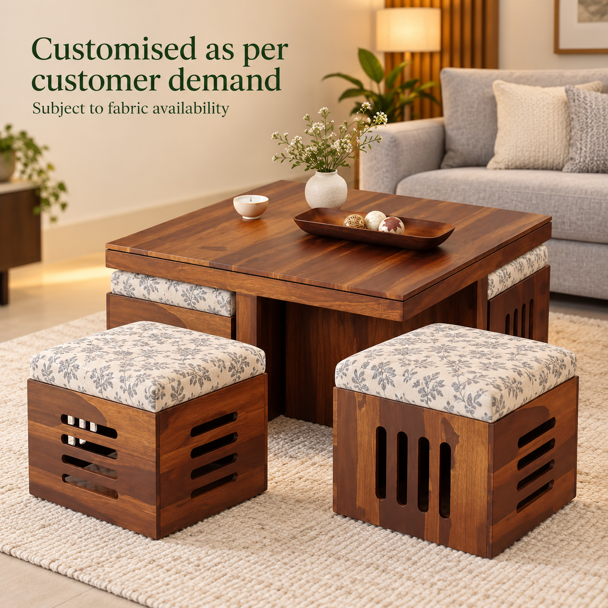 Slotted Centre Table with Four Grey Stools – designer-fabric customisation preview, subject to fabric availability