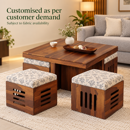 Slotted Centre Table with Four Grey Stools – designer-fabric customisation preview, subject to fabric availability