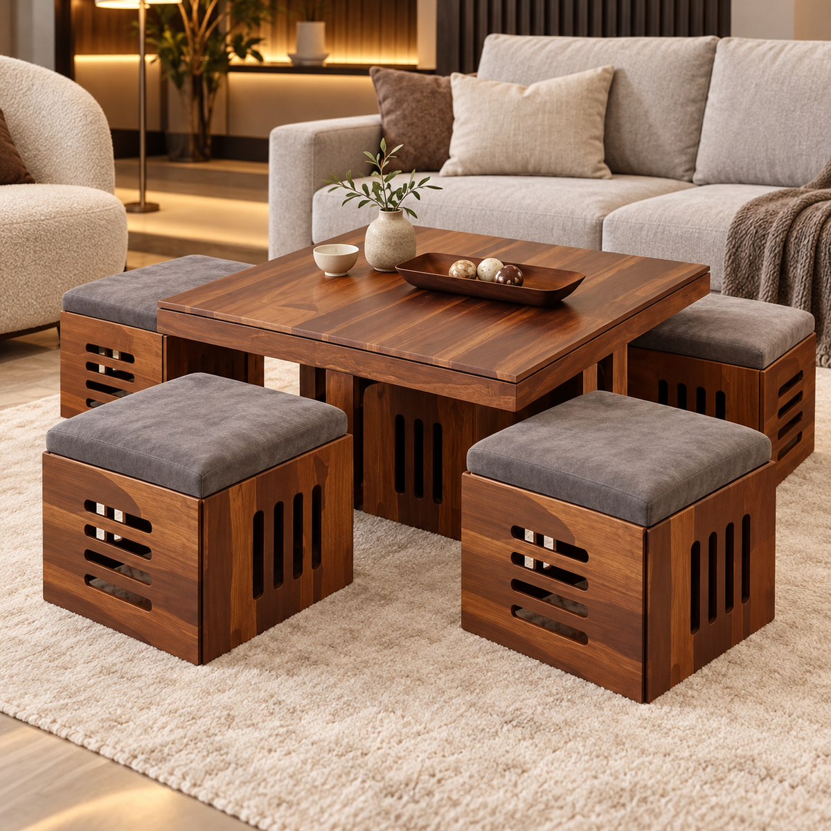 Slotted Centre Table with Four Grey Stools – front studio view with stools tucked in