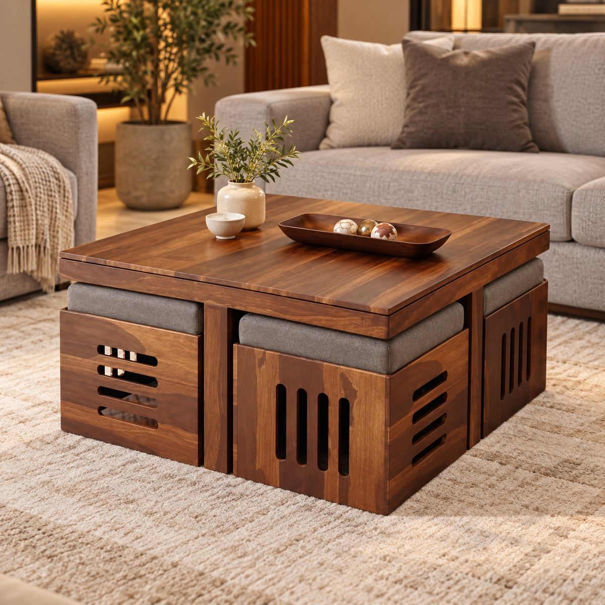 Slotted Centre Table with Four Grey Stools – in a styled living room