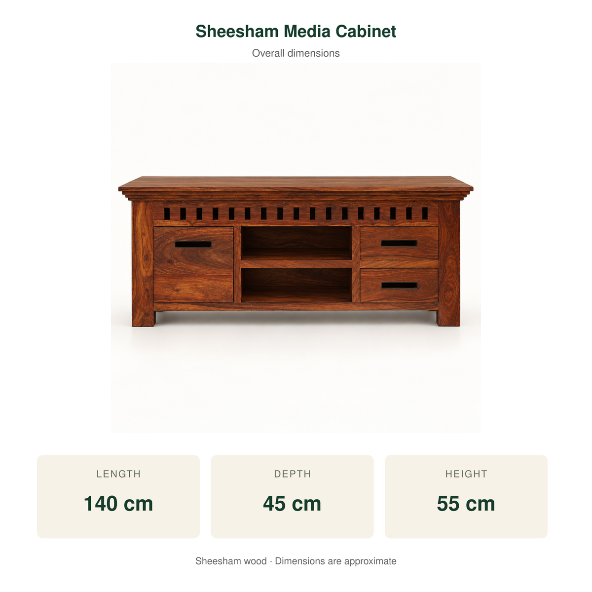 Slotted Sheesham Wood TV Cabinet – dimensions