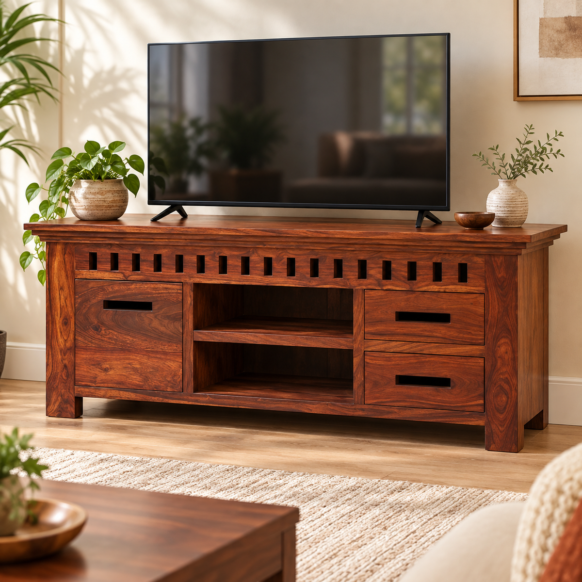 Slotted Sheesham Wood TV Cabinet – lifestyle