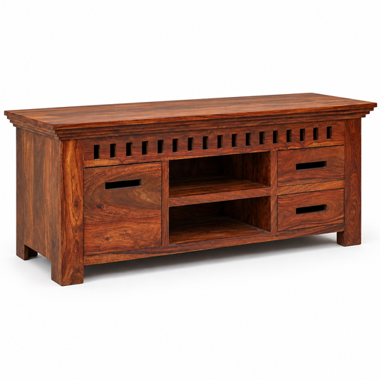 Slotted Sheesham Wood TV Cabinet – side studio