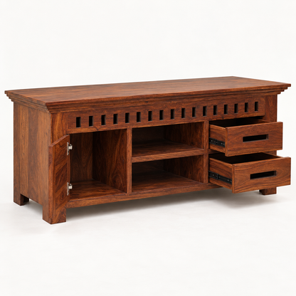 Slotted Sheesham Wood TV Cabinet – storage open