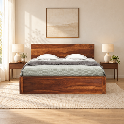 Solid Wood Panel Headboard Storage Bed in a bedroom, front view