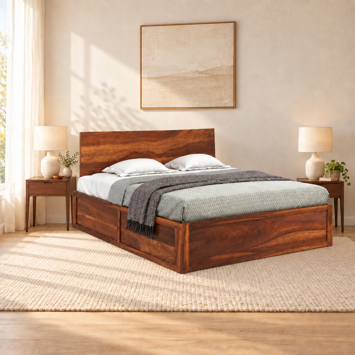 Solid Wood Panel Headboard Storage Bed in a bedroom, side view