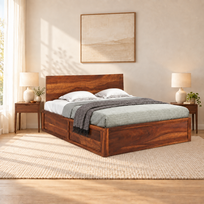 Solid Wood Panel Headboard Storage Bed in a bedroom, side view
