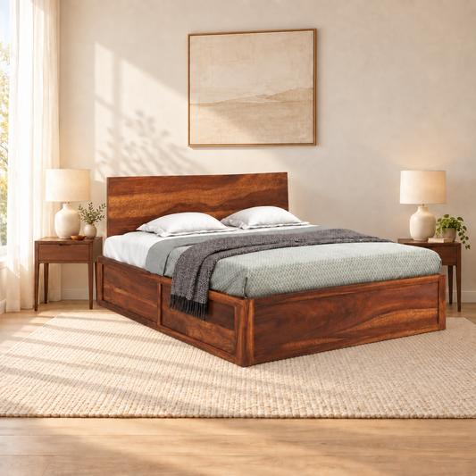 Solid Wood Panel Headboard Storage Bed in a bedroom, side view