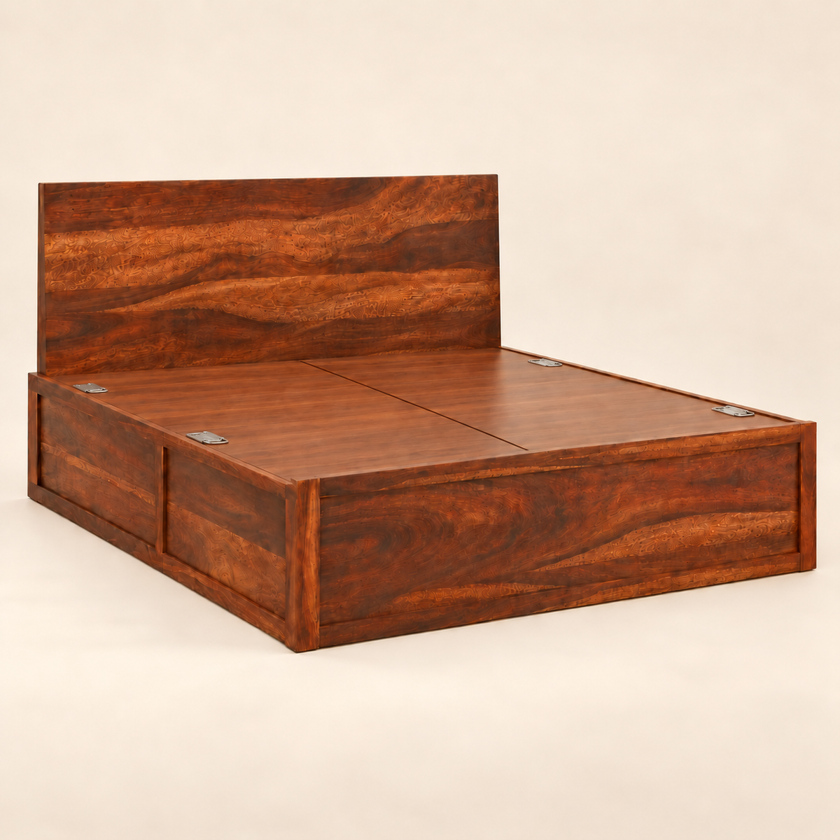 A low-profile platform bed frame made of rich reddish-brown wood with a matching headboard, featuring metal corner brackets and a storage drawer design on the sides, set against a plain beige background.