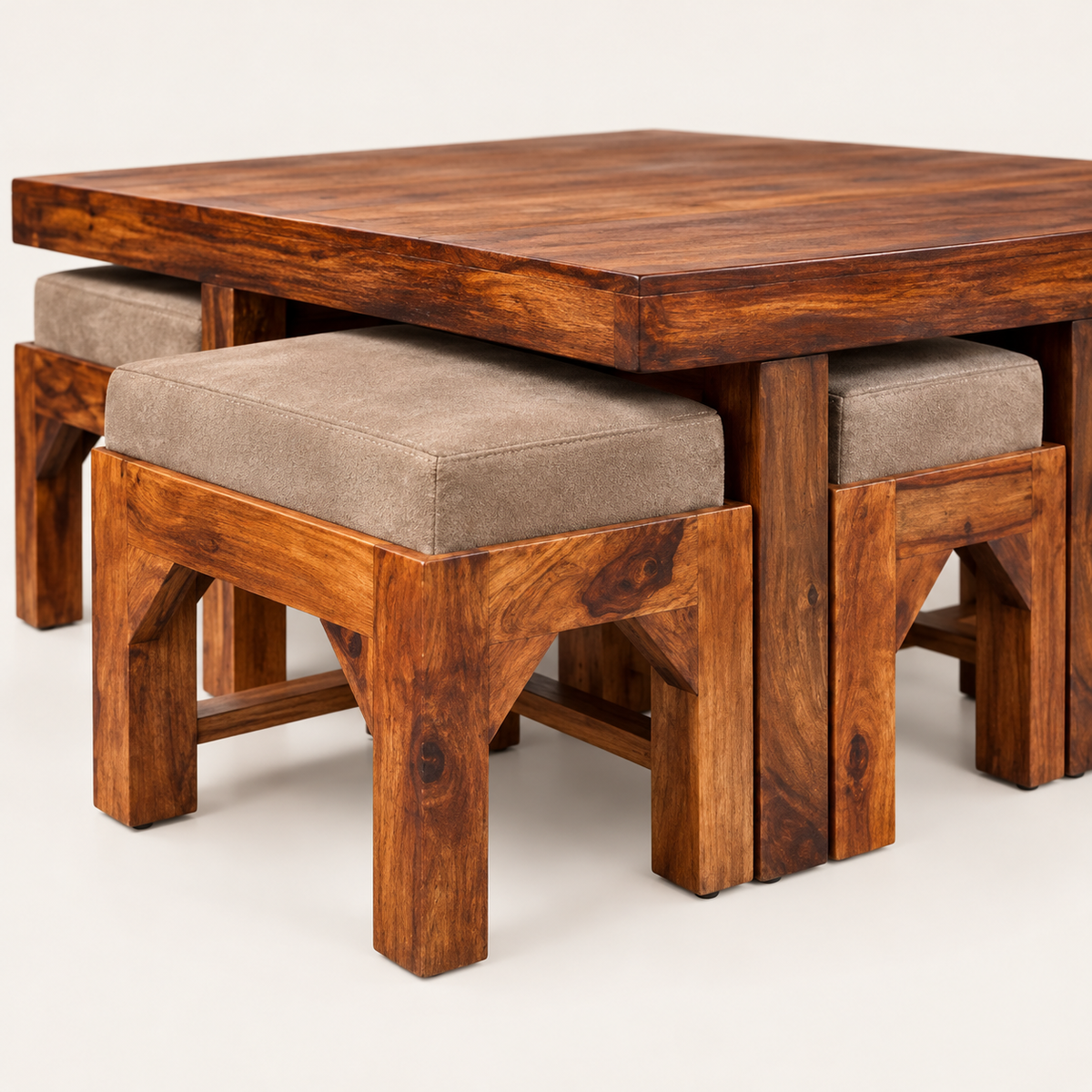 Square Centre Table with Four Taupe Stools – wood and seat detail close-up