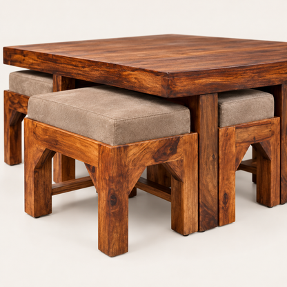Square Centre Table with Four Taupe Stools – wood and seat detail close-up