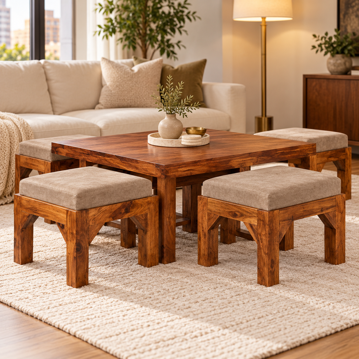 Square Centre Table with Four Taupe Stools – front studio view with stools tucked in