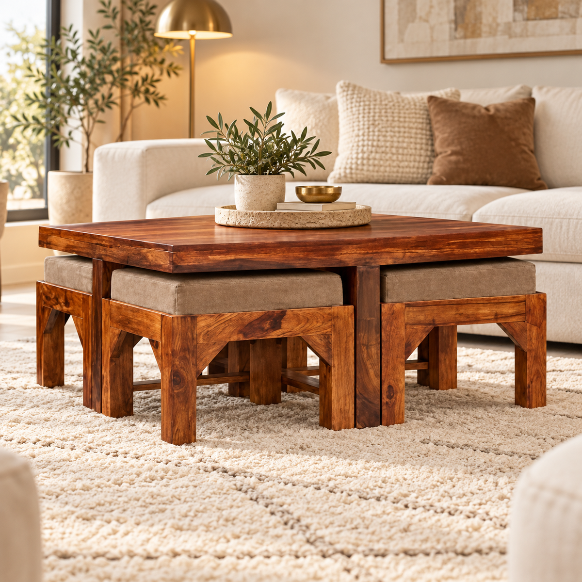 Square Centre Table with Four Taupe Stools – in a styled living room