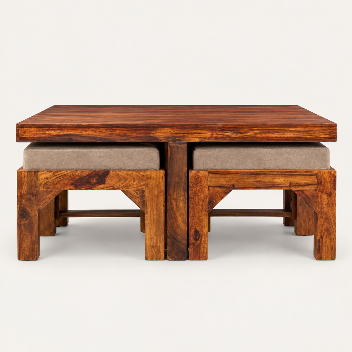 Square Centre Table with Four Taupe Stools – angled studio view with stools tucked in