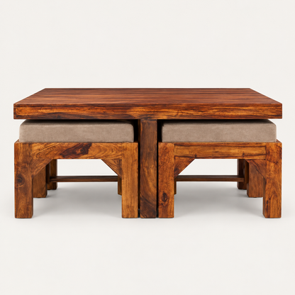 Square Centre Table with Four Taupe Stools – angled studio view with stools tucked in