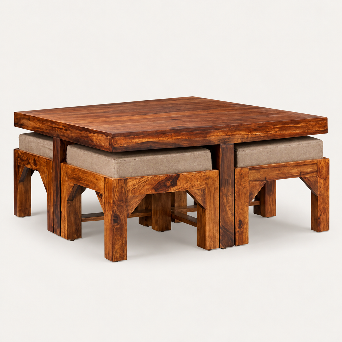 Square Centre Table with Four Taupe Stools – living room view with four stools pulled out