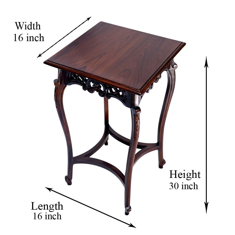 Square Wooden Side Table with Ornate Curved Legs dimension image showing 16″ W × 16″ D × 30″ H.