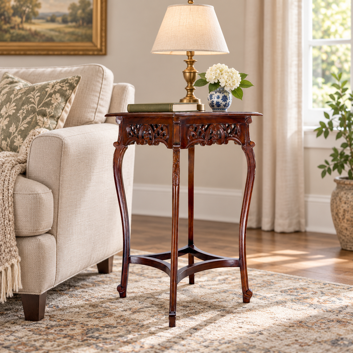 Square Wooden Side Table with Ornate Curved Legs in teak wood, shown in a furnished room.