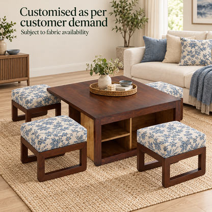 Storage Centre Table with Four Blue Stools – designer-fabric customisation preview, subject to fabric availability