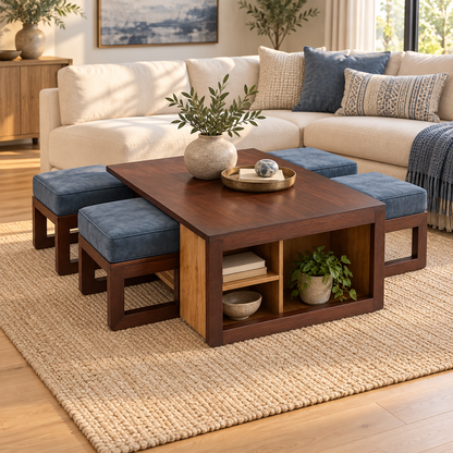 Storage Centre Table with Four Blue Stools – in a styled living room