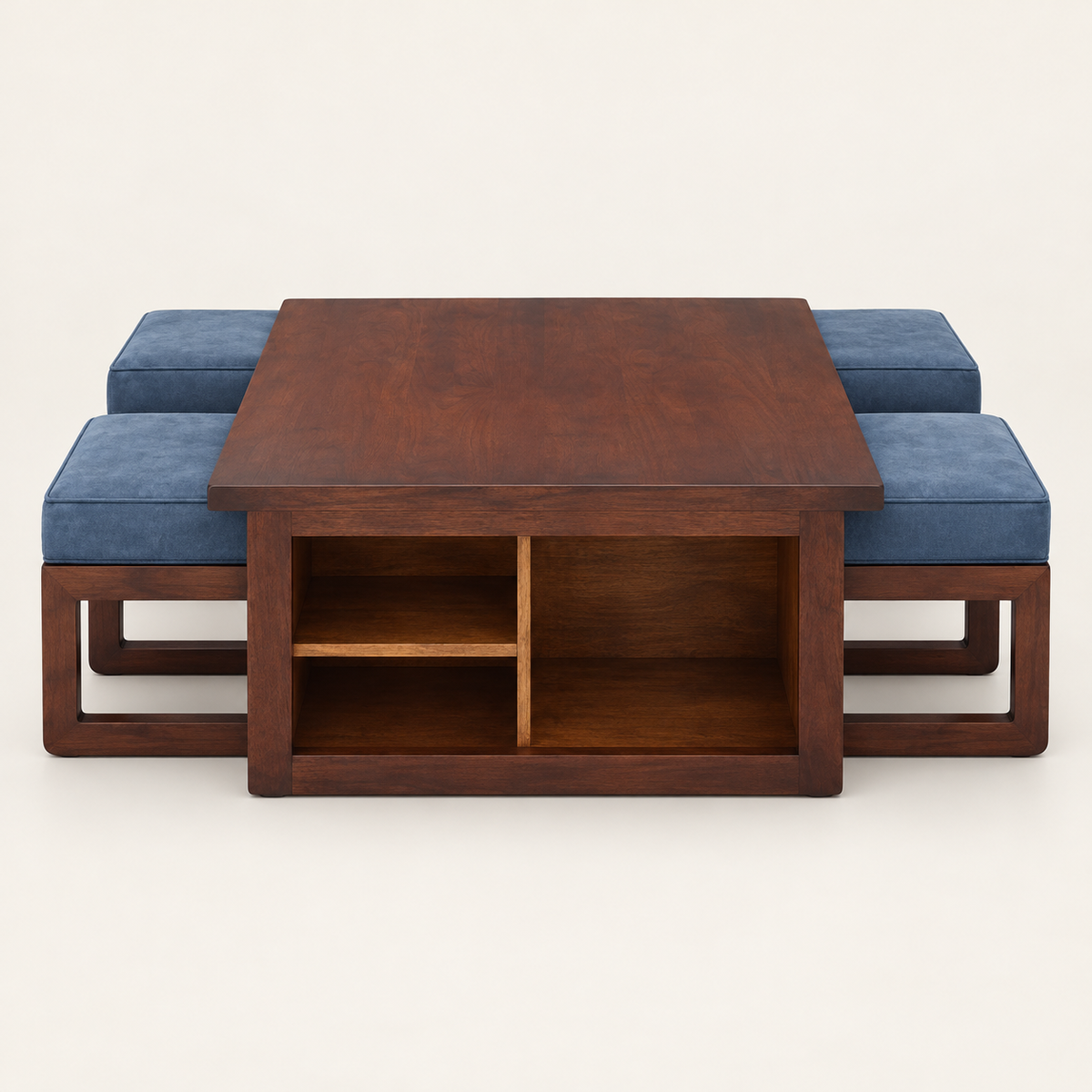 Storage Centre Table with Four Blue Stools – angled studio view with stools tucked in
