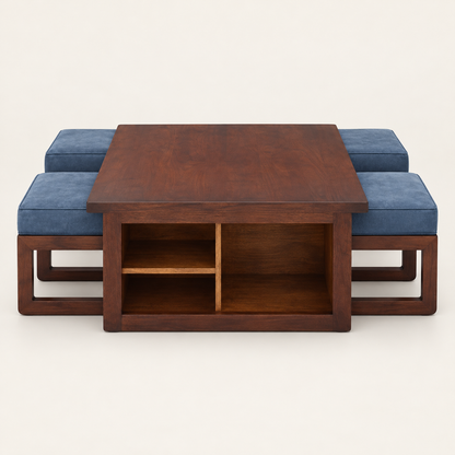 Storage Centre Table with Four Blue Stools – angled studio view with stools tucked in