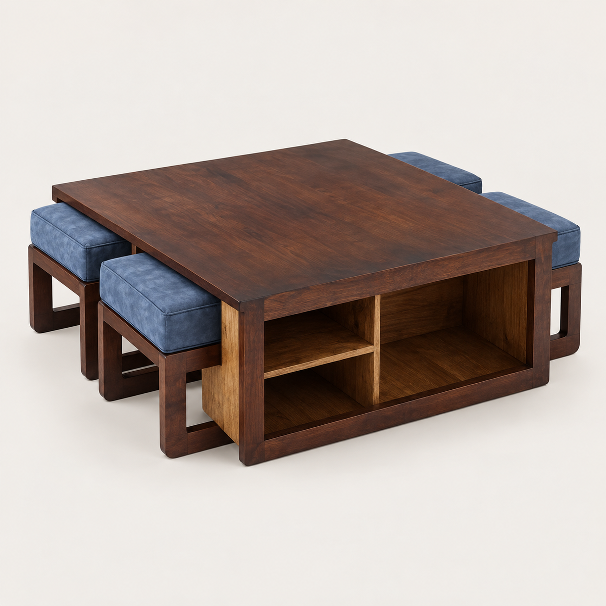 Storage Centre Table with Four Blue Stools – living room view with four stools pulled out