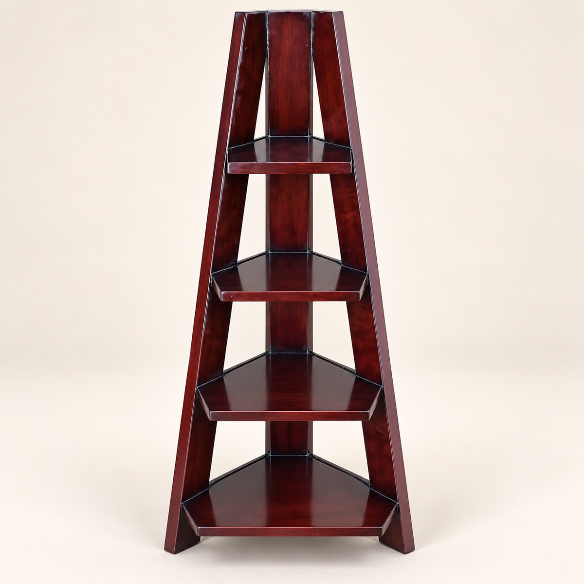 Tall Four-Tier Wooden Corner Display Shelf front studio view
